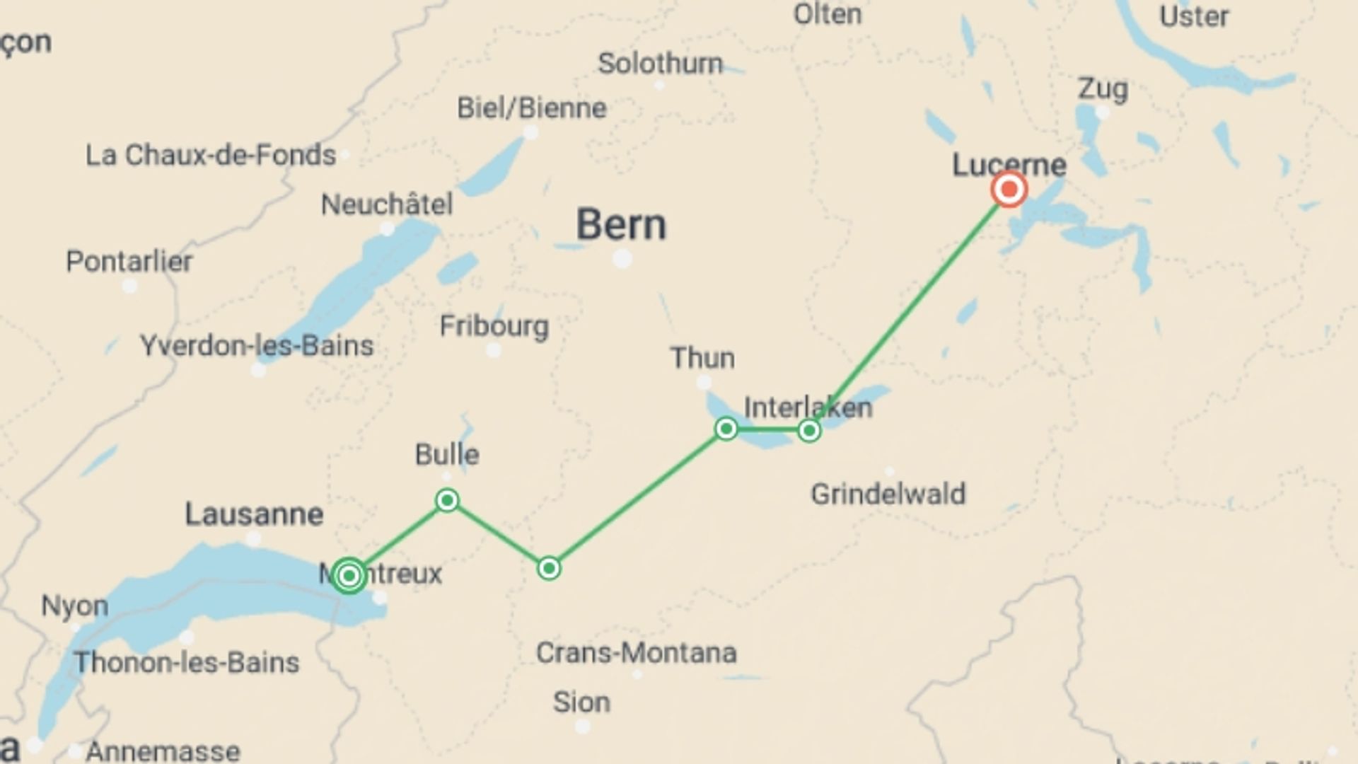 A map showing the tour itinerary for the trip: Swiss Lakes Cycle, starting in Vevey, Switzerland and ending in Lucerne, Switzerland going through 6 other destinations.