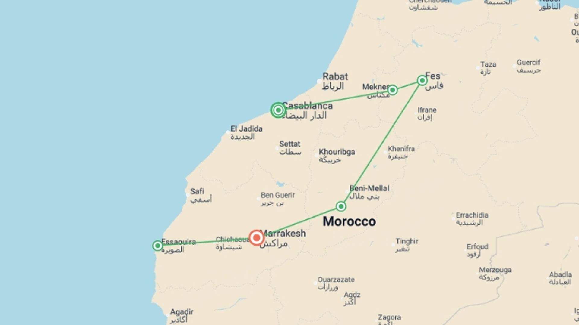 A map showing the tour itinerary for the trip: Premium Morocco Highlights with Essaouira, starting in Casablanca, Morocco and ending in Marrakech, Morocco going through 4 other destinations.