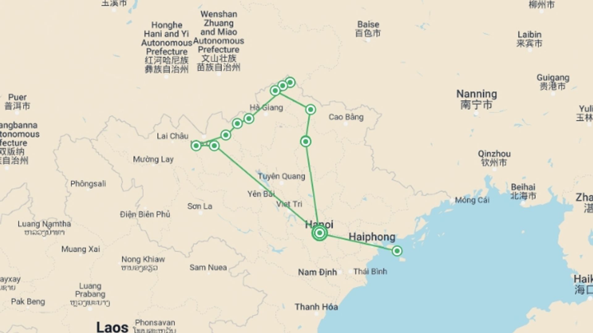A map showing the tour itinerary for the trip: Discovery Adventure 15 Days 14 Nights, starting in Hanoi, Vietnam and ending in Hanoi, Vietnam going through 9 other destinations.