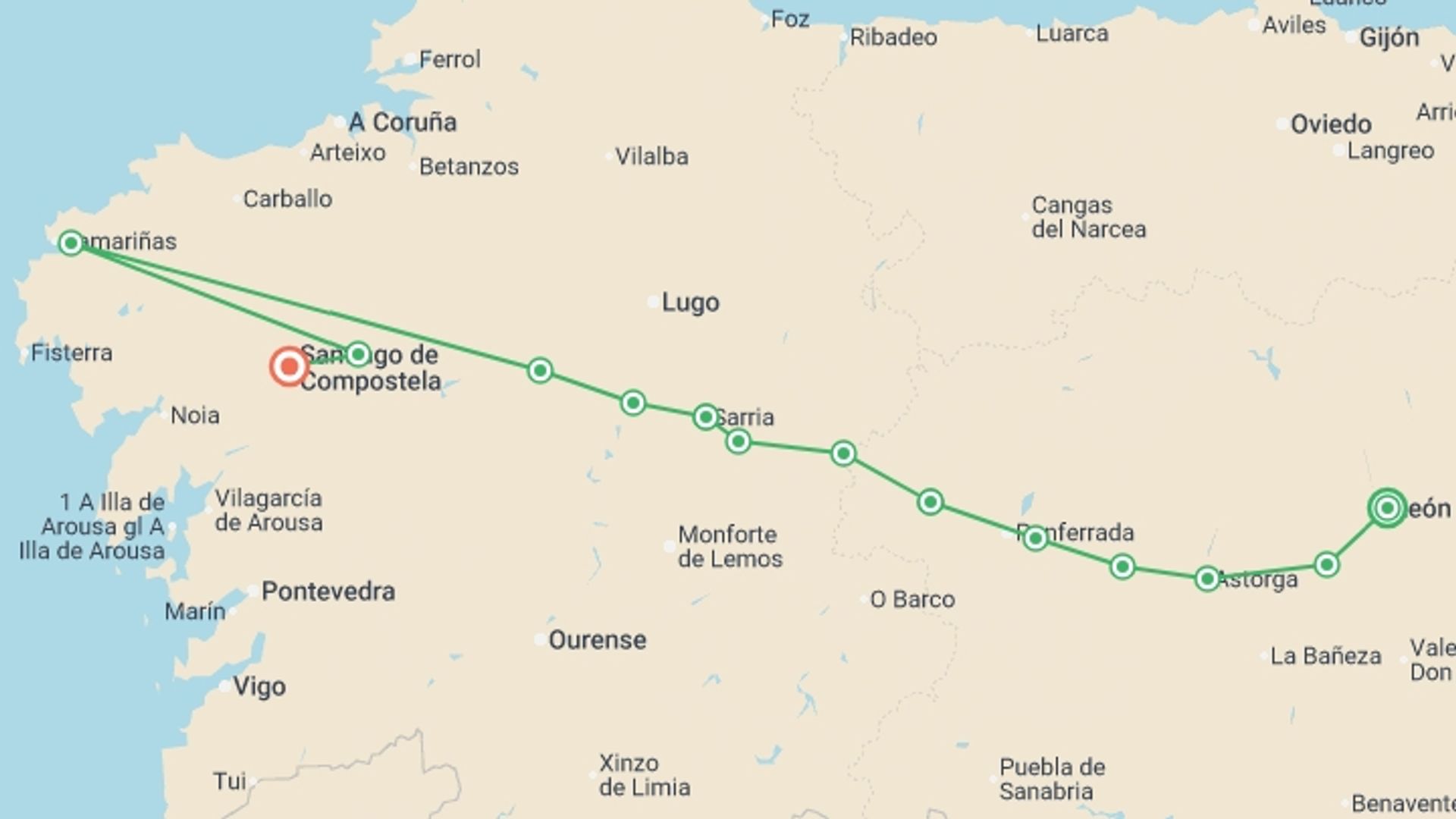 A map showing the tour itinerary for the trip: Camino - Leon to Santiago, starting in Leon, Spain and ending in Santiago De Compostela, Spain going through 12 other destinations.