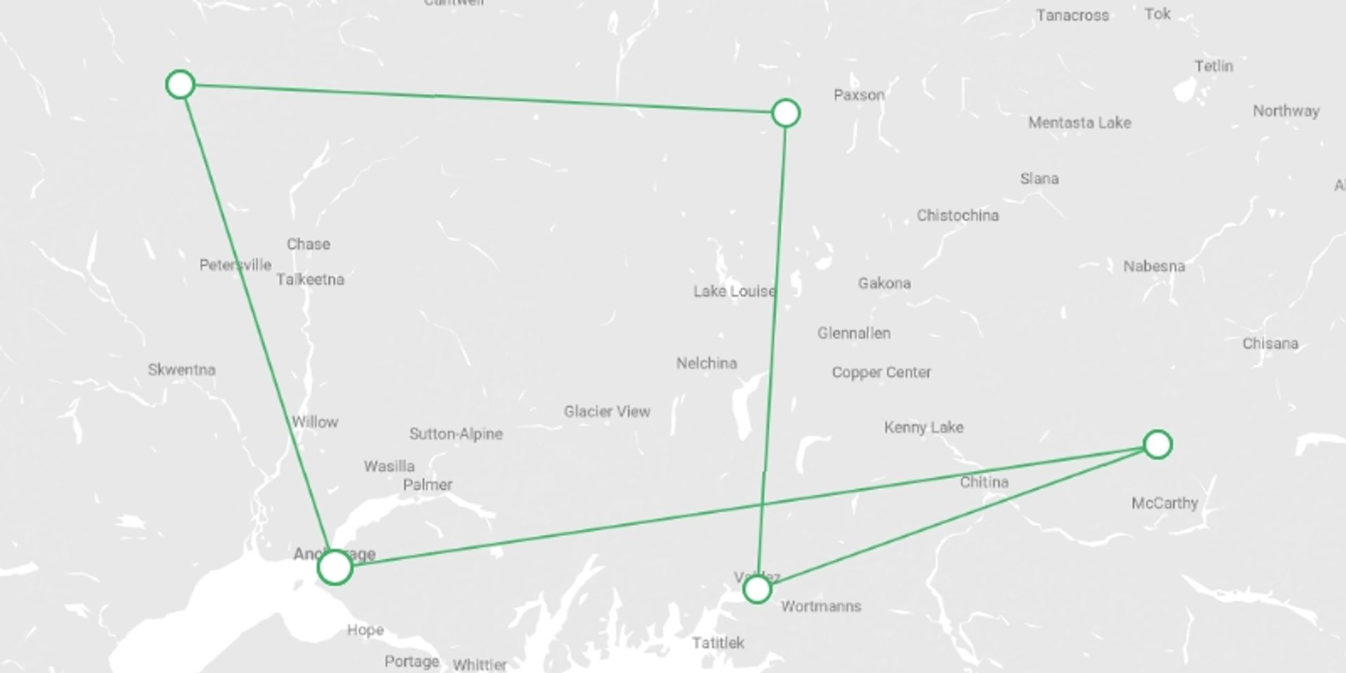 A map showing the tour itinerary for the trip: Central Alaska Summer Camping - 11 days, starting in undefined, USA and ending in undefined, USA going through 0 other destinations.