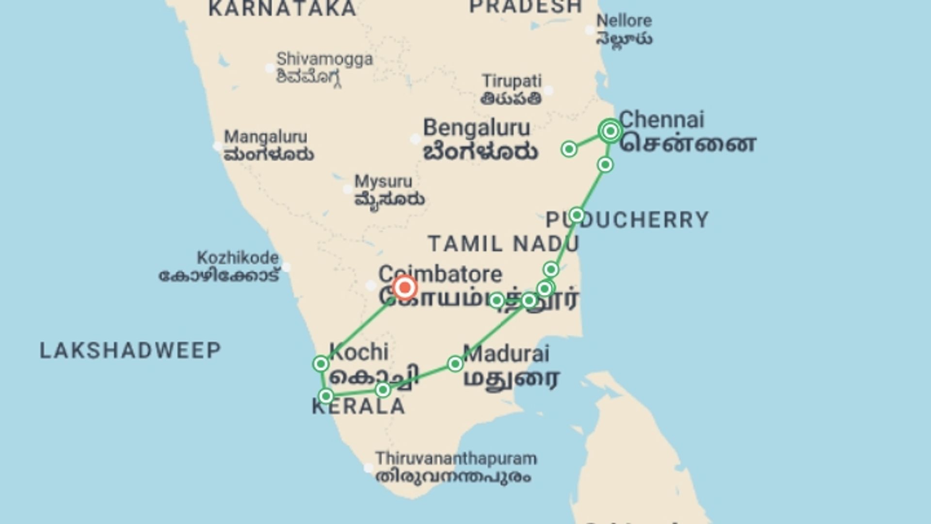 A map showing the tour itinerary for the trip: Tamil Nadu And Kerala, starting in Chennai, India and ending in Kerala & Tamil Nadu, India going through 7 other destinations.