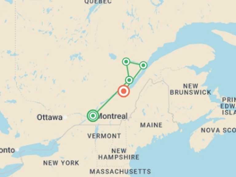 Map itinerary of North America Tour in October 2026 with 5 destination visits for the trip: Discover Quebec
