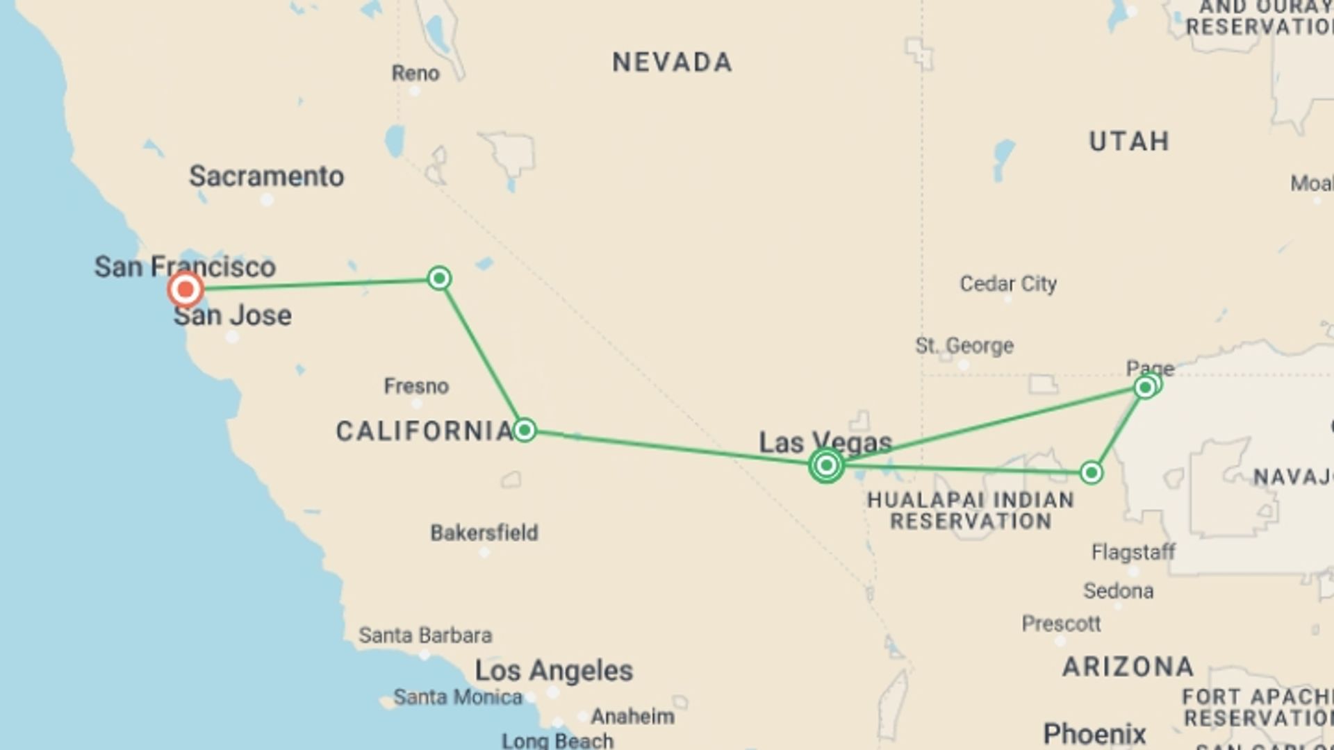 A map showing the tour itinerary for the trip: Best of Western USA, starting in Las Vegas, USA and ending in San Francisco, USA going through 5 other destinations.