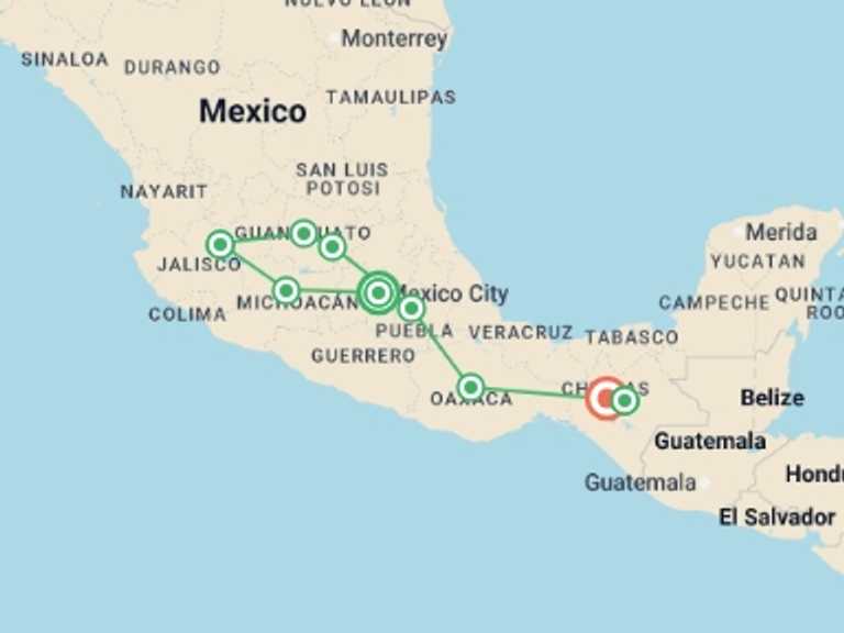 Map of 14-Day Mexico Tour with 9 destination visits for the trip: The Route of Sun and Tradition