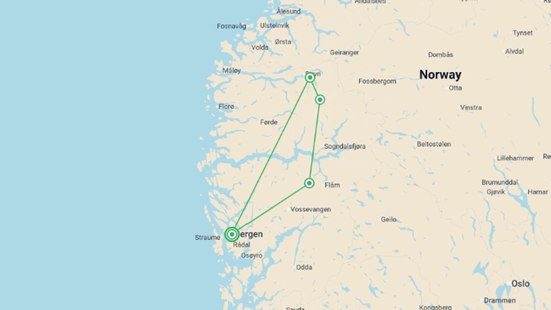 A map showing the tour itinerary for the trip: Norway: Hike, Bike & Kayak, starting in Bergen, Norway and ending in Bergen, Norway going through 3 other destinations.