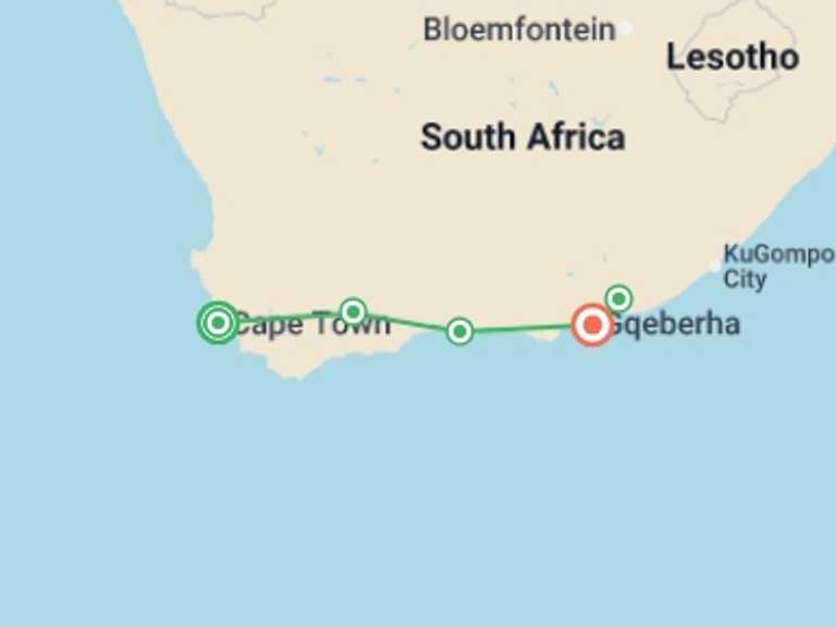 Map of 10-Day Africa Tour with 5 destination visits for the trip: Garden Route & Safari Self Drive - 10 days