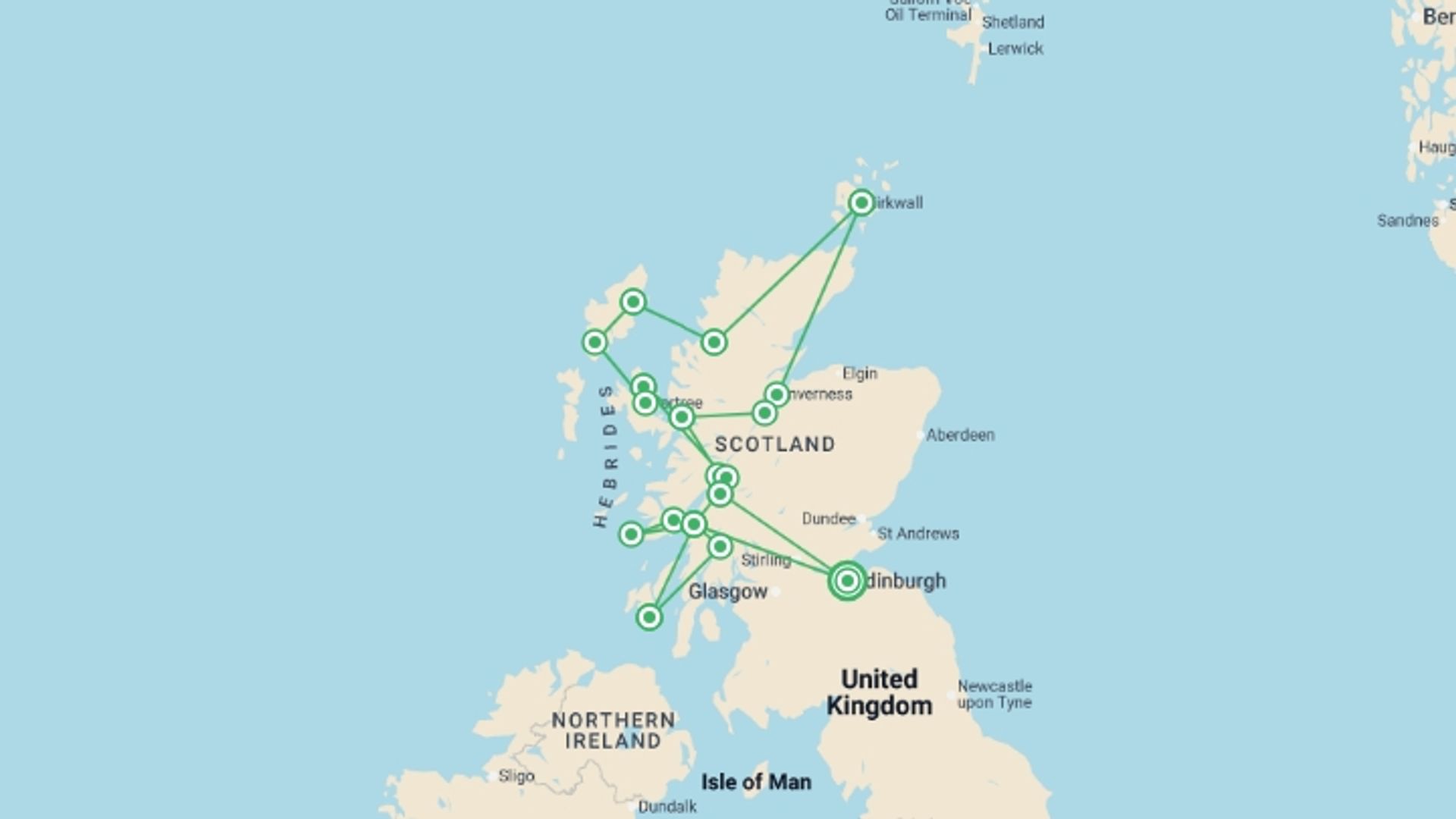 A map showing the tour itinerary for the trip: Scottish Islands Encompassed - 17 days, starting in Edinburgh, Scotland and ending in Edinburgh, Scotland going through 7 other destinations.
