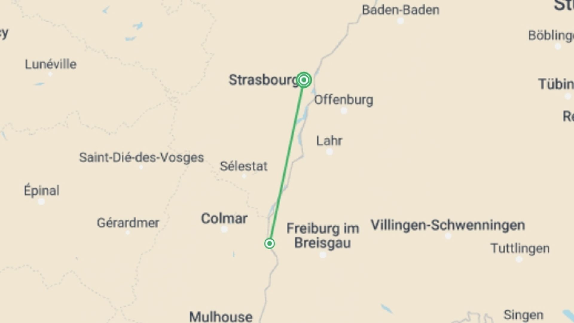 A map showing the tour itinerary for the trip: Alsace: land of tradition and gastronomy (port-to-port cruise), starting in Strasbourg, France and ending in Strasbourg, France going through 1 other destinations.