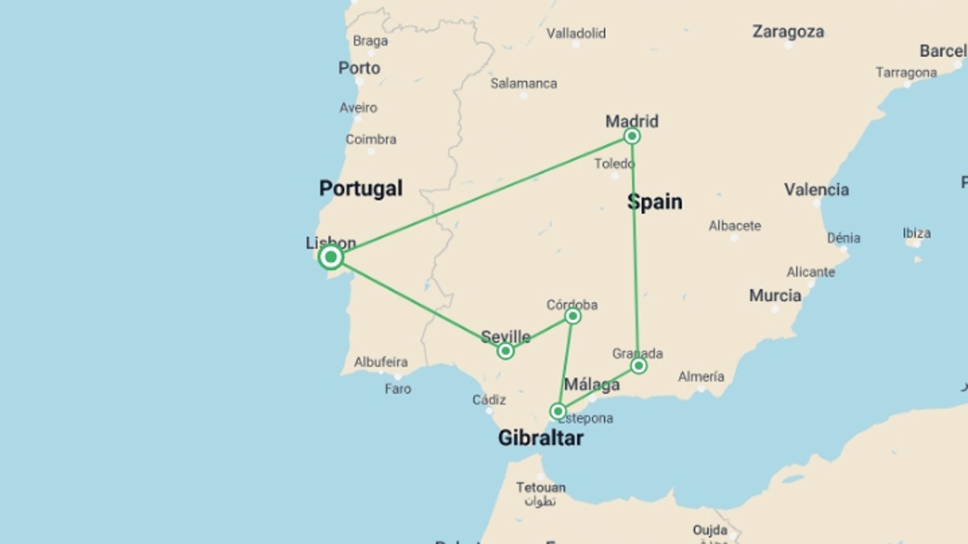 A map showing the tour itinerary for the trip: 6 Days Guided Tour Andalusia & Madrid From Lisbon, starting in Lisbon, Portugal and ending in Lisbon, Portugal going through 5 other destinations.