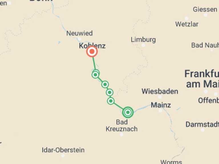 Map of Europe Trekking and Hiking Tour with 7 destination visits for the trip: Rhine River and Castles Walk