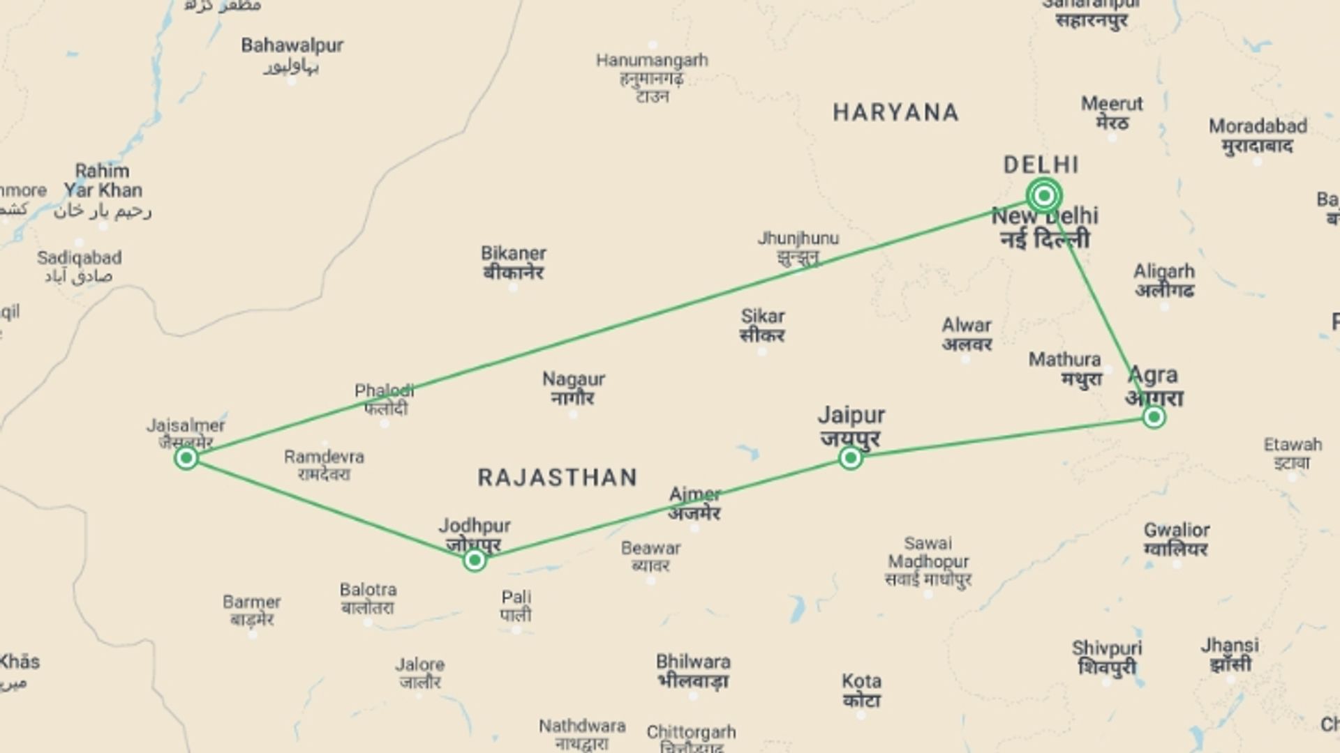 A map showing the tour itinerary for the trip: Jaisalmer & Jodhpur with Golden Triangle, starting in New Delhi, India and ending in New Delhi, India going through 4 other destinations.