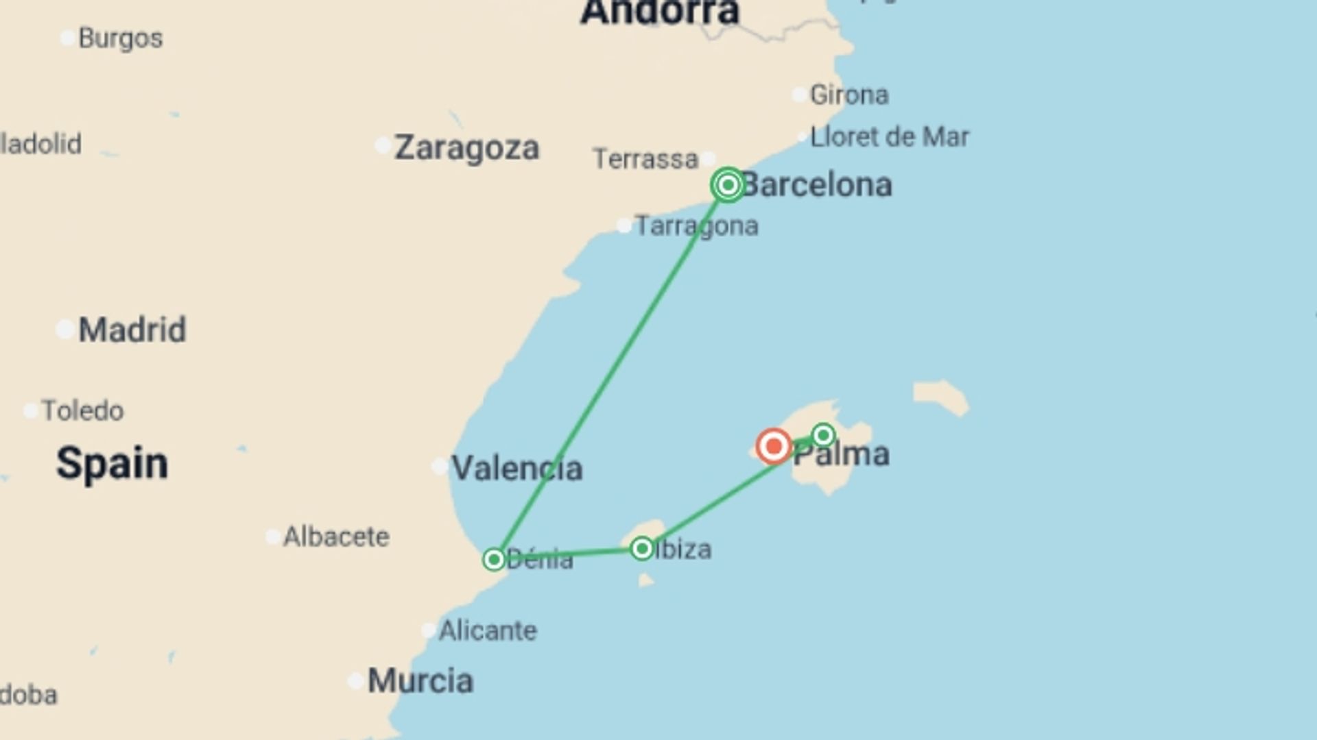 A map showing the tour itinerary for the trip: Barcelona, Ibiza and Mallorca, starting in Barcelona, Spain and ending in Majorca, Spain going through 2 other destinations.
