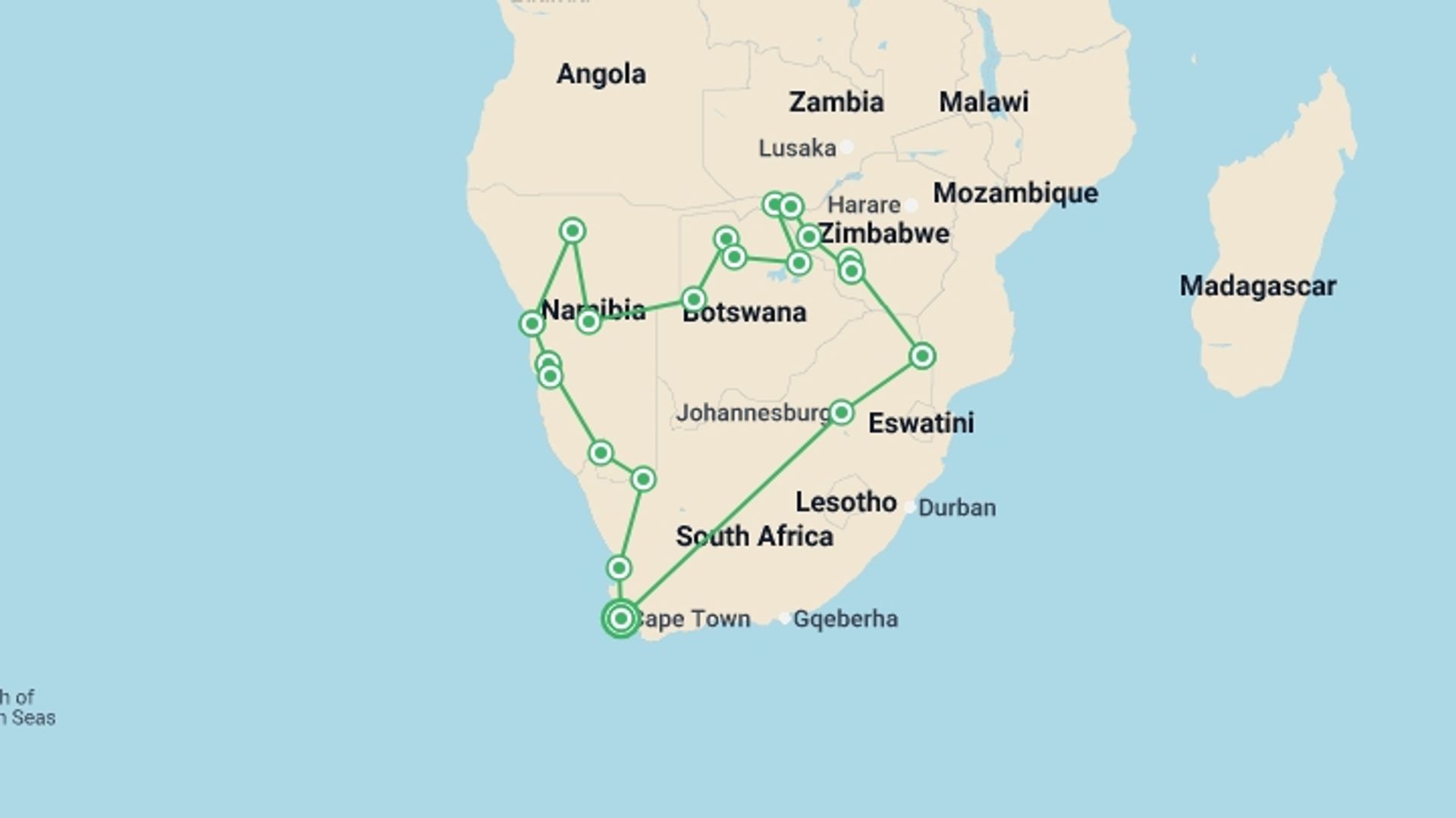A map showing the tour itinerary for the trip: Highlights of Southern Africa, starting in Cape Town, South Africa and ending in Cape Town, South Africa going through 18 other destinations.