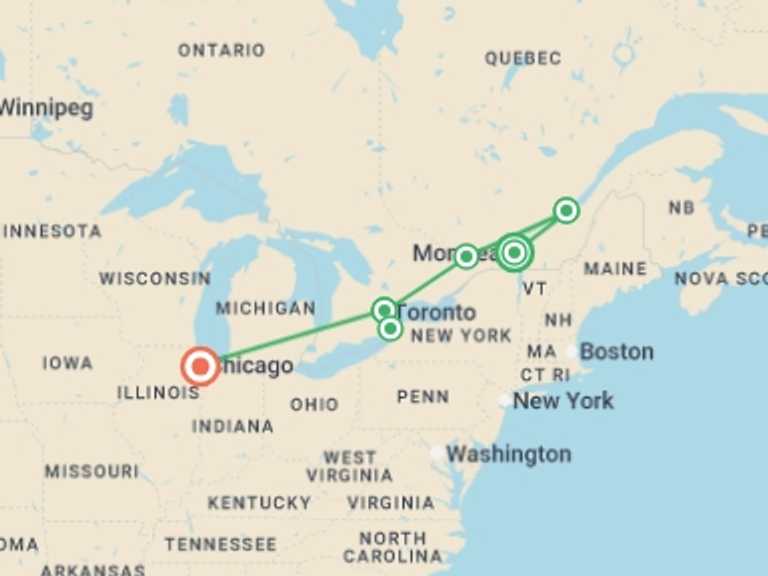Map itinerary of Toronto Tour in November 2025 with 7 destination visits for the trip: Unmissable Canada, Niagara and Chicago