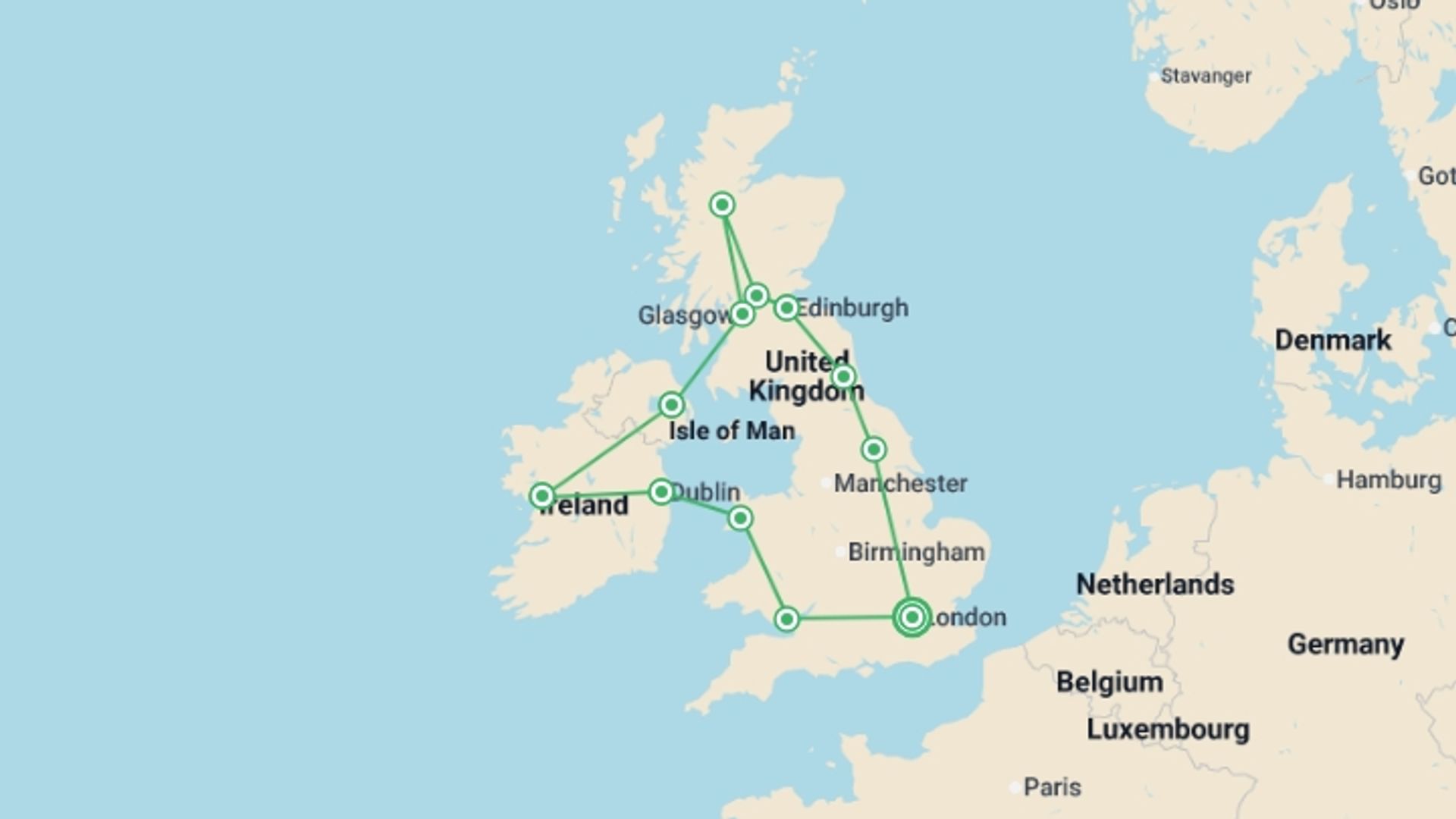 A map showing the tour itinerary for the trip: UK & Ireland: Panoramas & Pubs, starting in London, England and ending in London, England going through 11 other destinations.