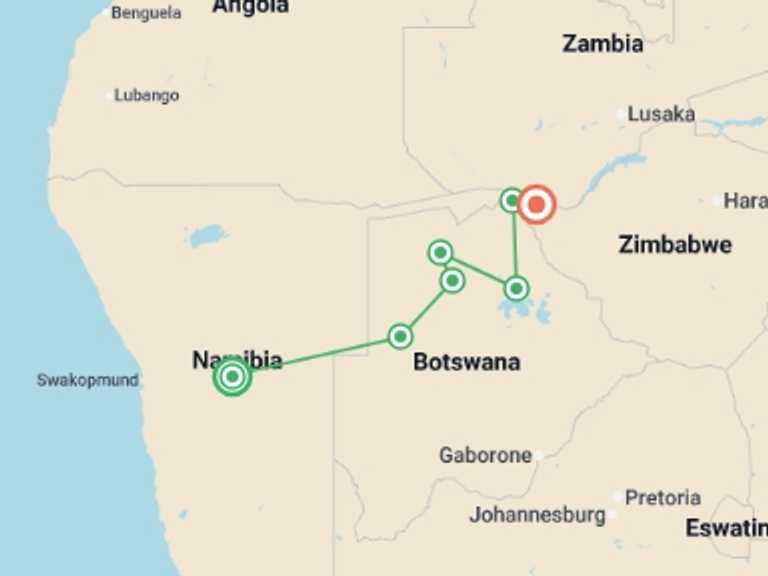 Map itinerary of Africa Tour in June 2026 with 7 destination visits for the trip: Namibia to Victoria Falls Overland Safari & Participation Camping