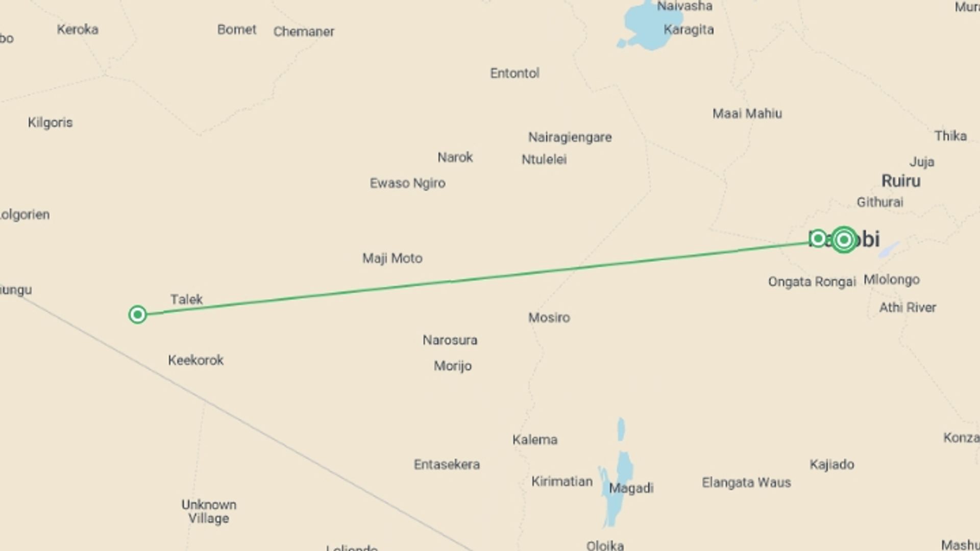 A map showing the tour itinerary for the trip: Kenya Safari, starting in Nairobi, Kenya and ending in Nairobi, Kenya going through 2 other destinations.