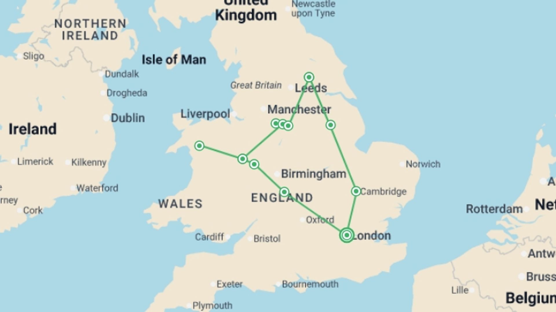 A map showing the tour itinerary for the trip: Shakespeare, Snowdonia & Yorkshire - 5 days, starting in London, England and ending in London, England going through 2 other destinations.
