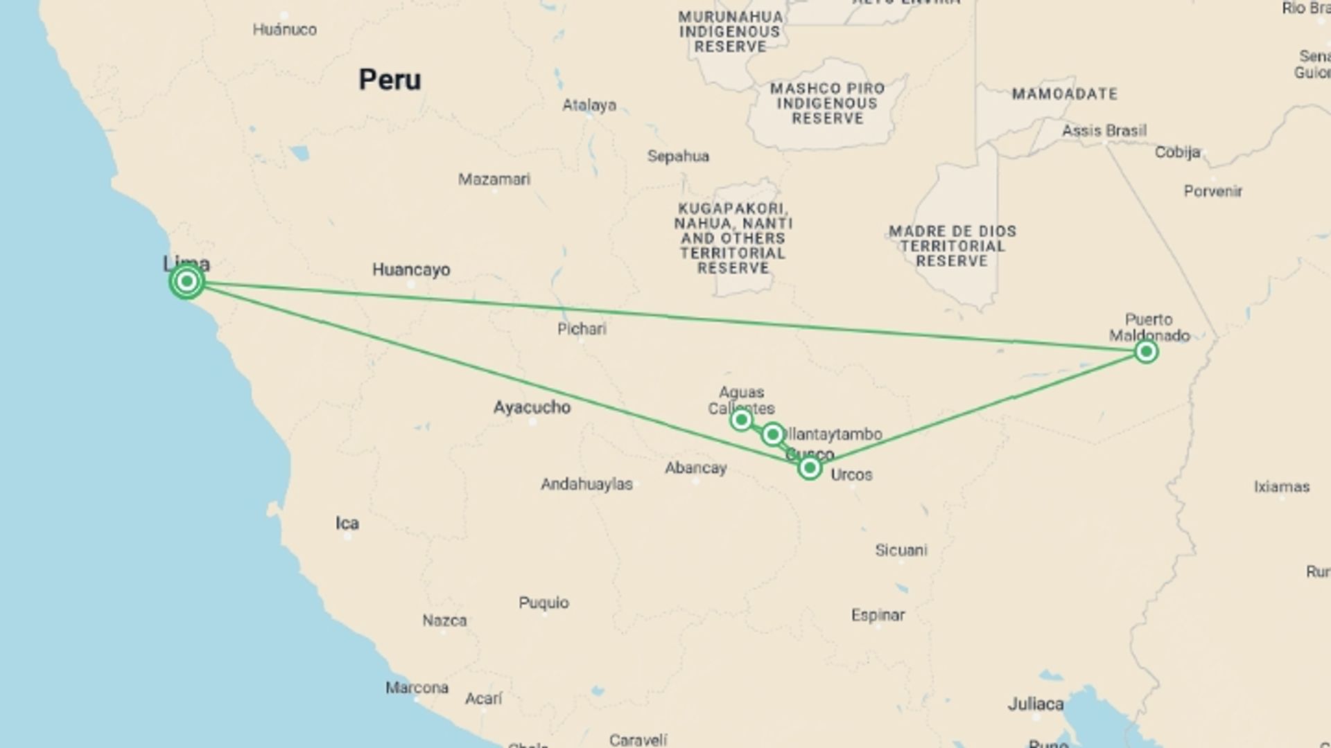 A map showing the tour itinerary for the trip: Amazon to Andes with Machu Picchu by Train, starting in Lima, Peru and ending in Lima, Peru going through 4 other destinations.