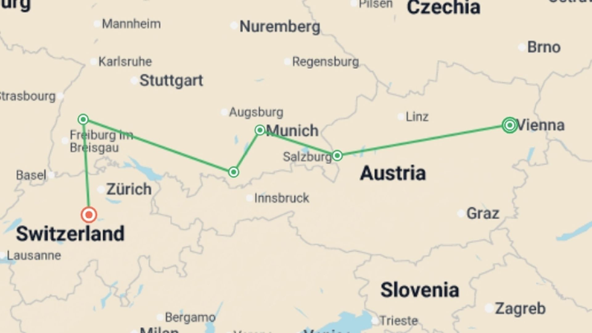 A map showing the tour itinerary for the trip: Exploring the Alpine Countries Austria - Germany - Switzerland, starting in Vienna, Austria and ending in Lucerne, Switzerland going through 3 other destinations.