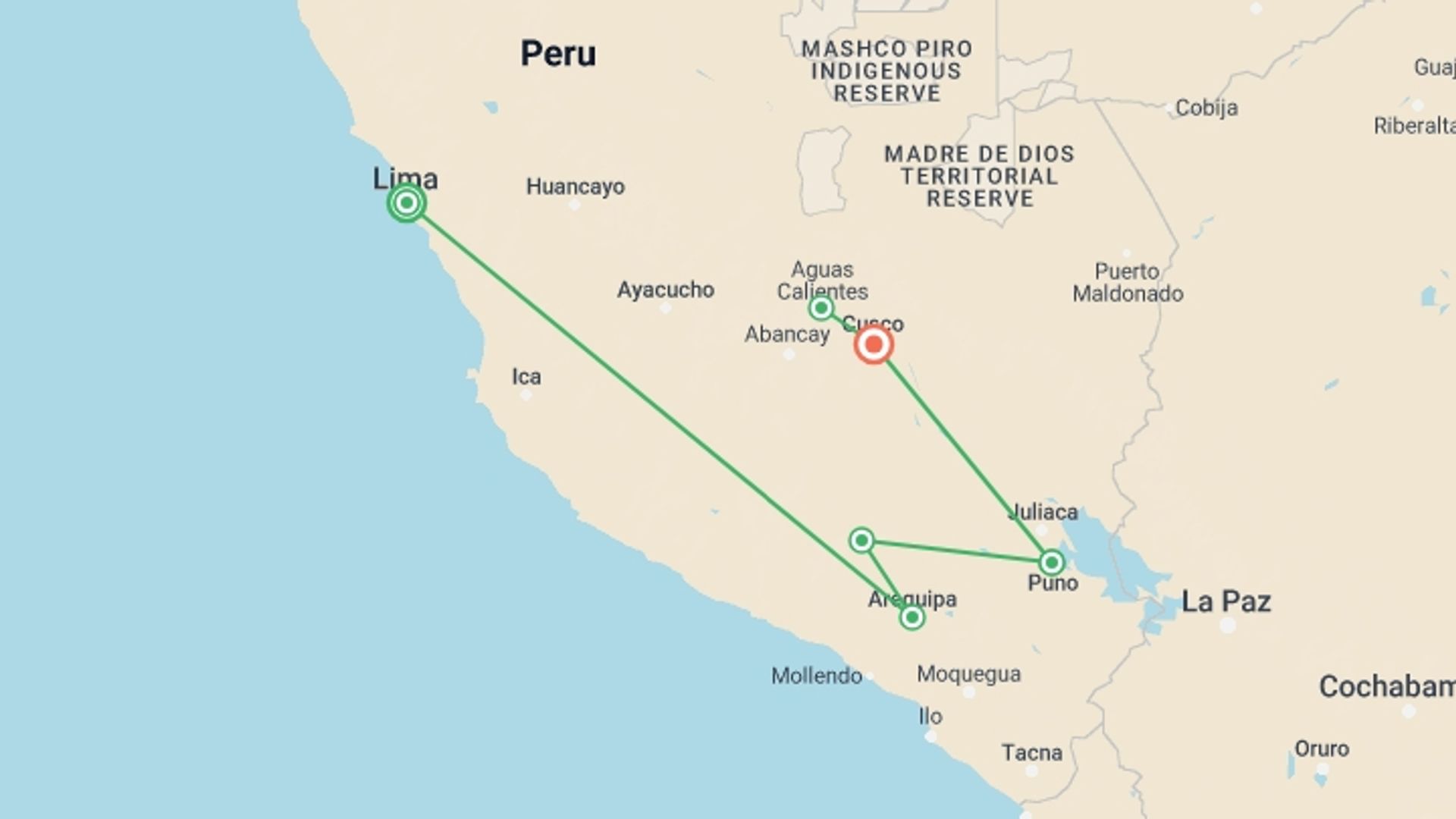 A map showing the tour itinerary for the trip: Living Peru, Private Tour, starting in Lima, Peru and ending in Cusco, Peru going through 3 other destinations.