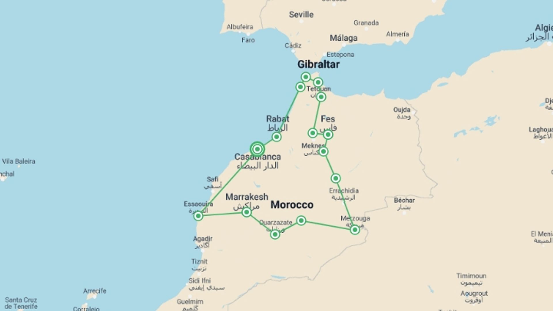 A map showing the tour itinerary for the trip: 11 Days Morocco Discovery tour Imperial cities and Desert, starting in Casablanca, Morocco and ending in Casablanca, Morocco going through 14 other destinations.