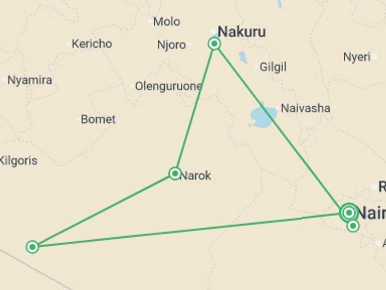Map itinerary of Kenya Tour in Winter with 5 destination visits for the trip: Kenya Wildlife Week - 7 days