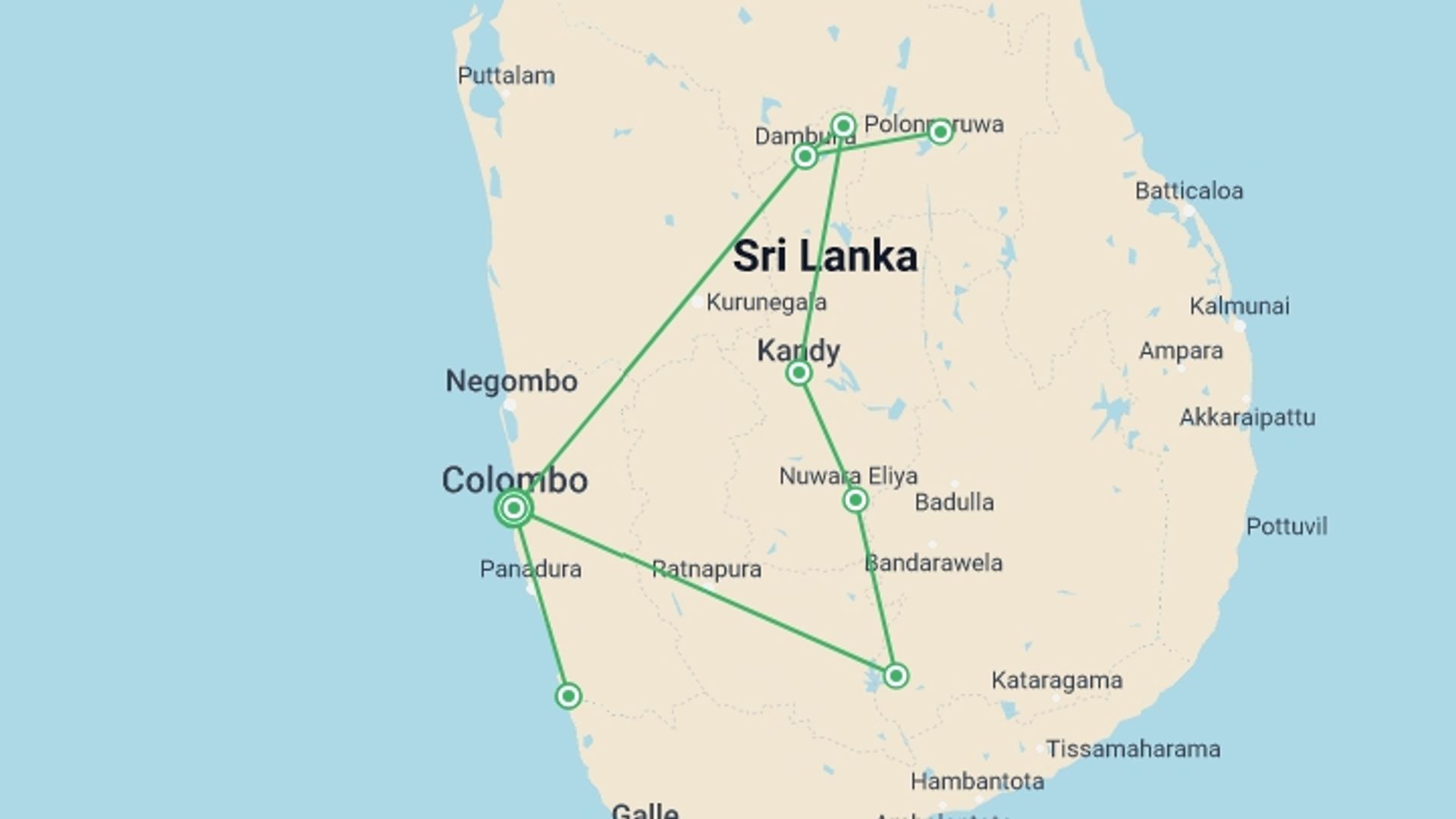 A map showing the tour itinerary for the trip: Best of Sri Lanka & Beach - 12 days, starting in Colombo, Sri Lanka and ending in Colombo, Sri Lanka going through 5 other destinations.