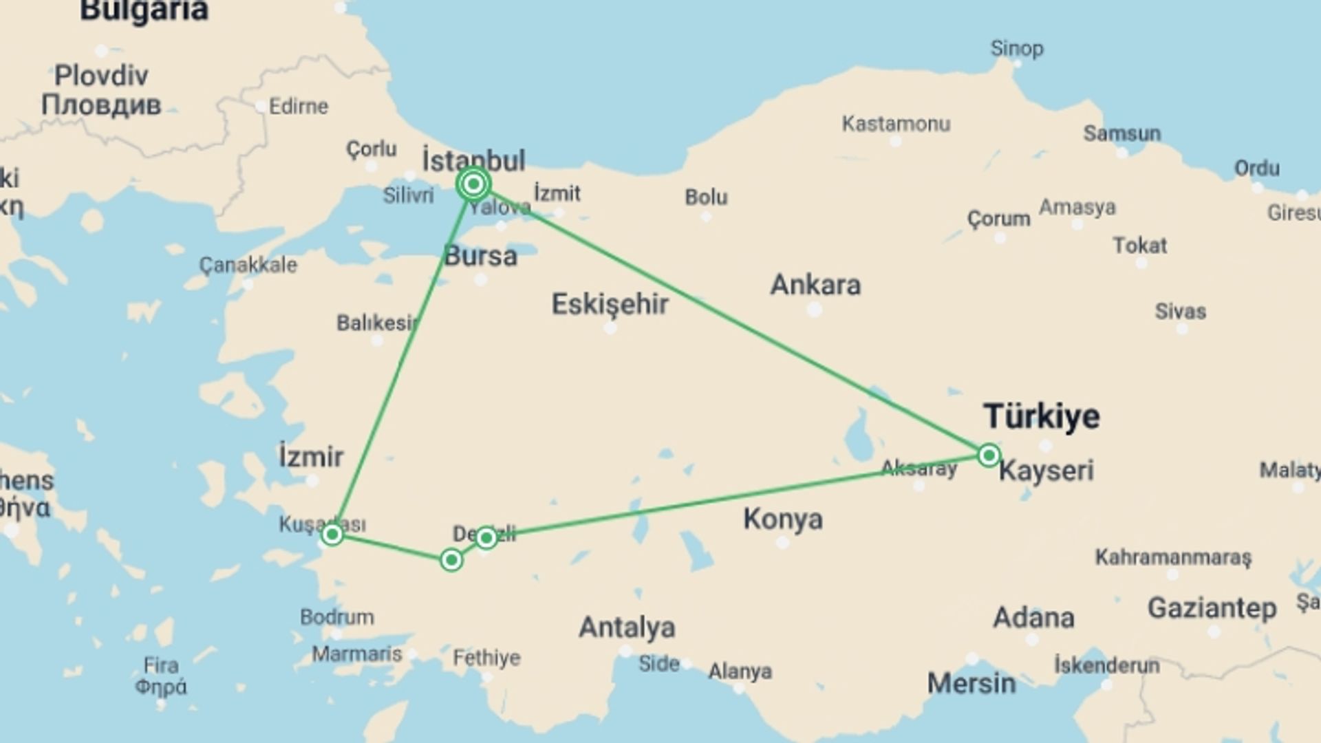 A map showing the tour itinerary for the trip: Best of Turkey Tour, starting in Istanbul, Turkey and ending in Istanbul, Turkey going through 5 other destinations.