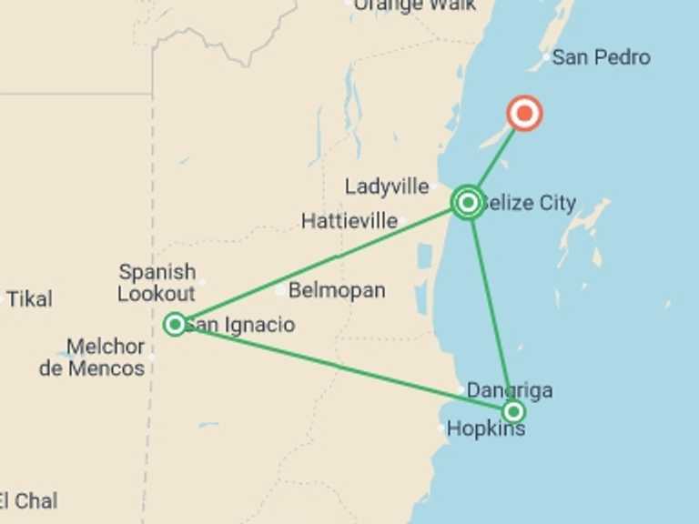 Map itinerary of Caye Caulker Tour in Winter with 4 destination visits for the trip: Family Belize Wildlife Adventure