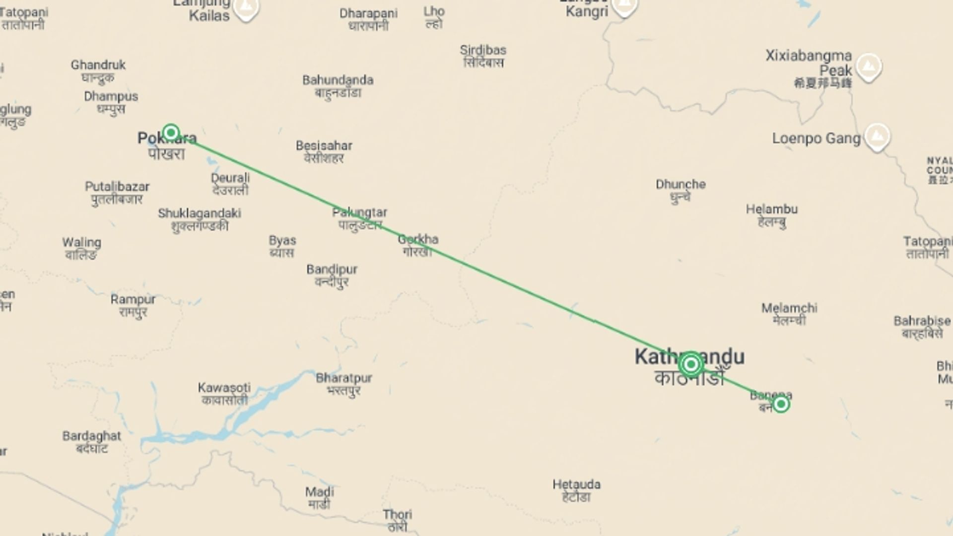 A map showing the tour itinerary for the trip: Nepal Wellness Luxury  Retreat, starting in Kathmandu, Nepal and ending in Kathmandu, Nepal going through 2 other destinations.