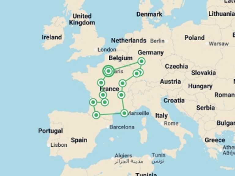 Map itinerary of France Tour in June 2026 with 12 destination visits for the trip: Enchanted France and Black Forest