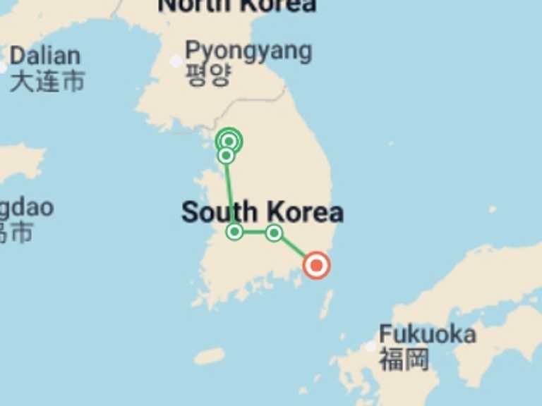Map itinerary of Asia Tour in July 2026 with 3 destination visits for the trip: Flavors and Colors of Korea