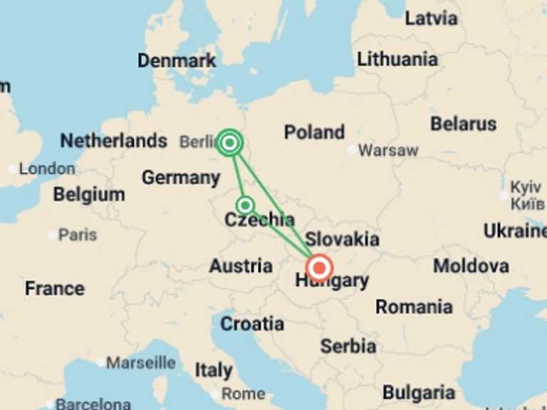 Map of Eastern Europe Art and architecture Tour with 3 destination visits for the trip: Sziget Festival Road Trip