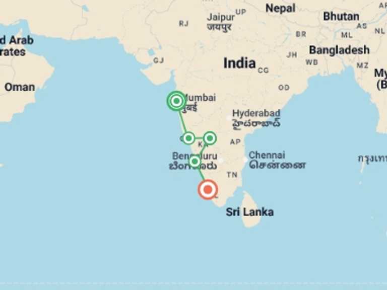 Map itinerary of India Tour in Summer with 6 destination visits for the trip: India's West Coast – North to South