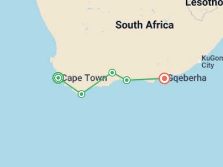 Map of South Africa Tour with 7 destination visits for the trip: The Garden Route - 8 days