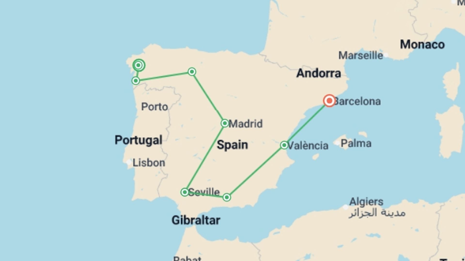 A map showing the tour itinerary for the trip: Santiago to Andalucia & Barcelona - 11 days, starting in Santiago De Compostela, Spain and ending in Barcelona, Spain going through 7 other destinations.