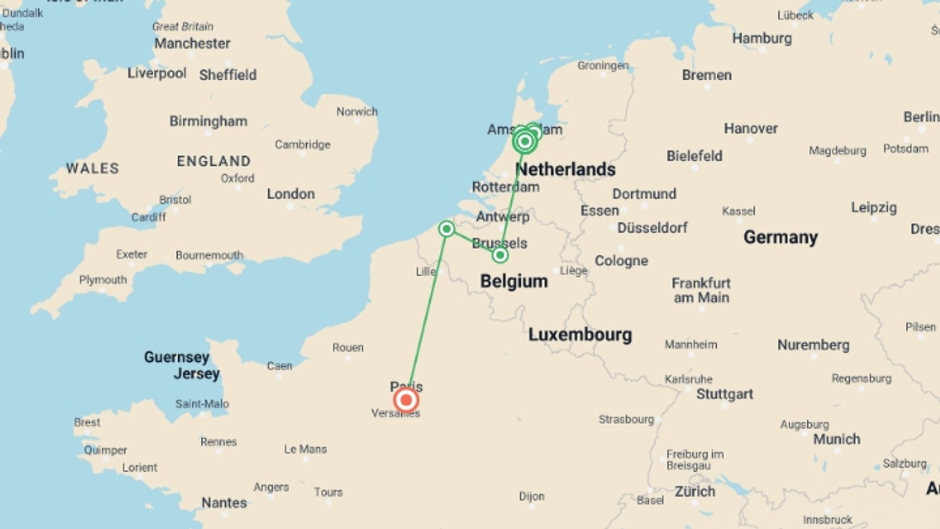 A map showing the tour itinerary for the trip: Amazing Amsterdam, Brussels and Paris, starting in Amsterdam, Holland and ending in Paris, France going through 0 other destinations.