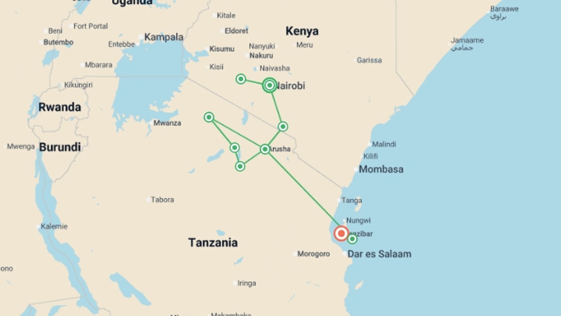 A map showing the tour itinerary for the trip: Kenya & Tanzania: Maasai Mara, Serengeti & Zanzibar Highlights, starting in Nairobi, Kenya and ending in Zanzibar, Tanzania going through 8 other destinations.