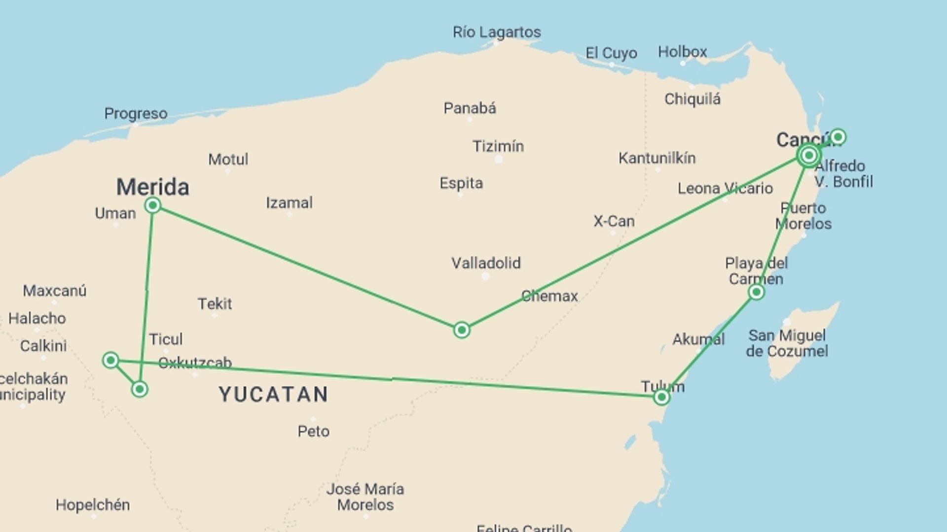 A map showing the tour itinerary for the trip: Viva Mexico, starting in Cancún, Mexico and ending in Cancún, Mexico going through 4 other destinations.
