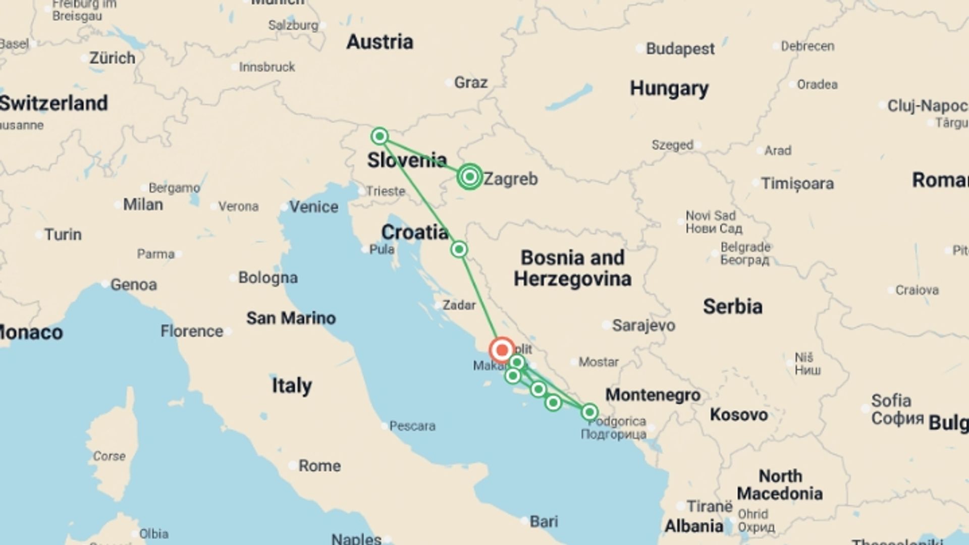 A map showing the tour itinerary for the trip: Unforgettable Croatian Land and Cruise Adventure, starting in Zagreb, Croatia and ending in Split, Croatia going through 7 other destinations.
