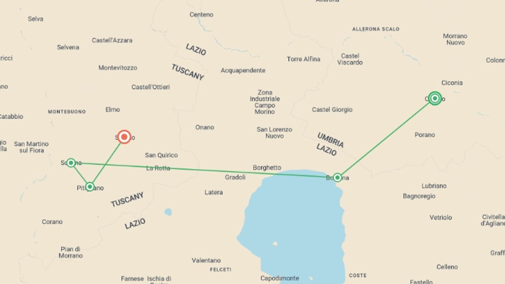 A map showing the tour itinerary for the trip: Hilltop Towns of Italy, starting in Orvieto, Italy and ending in Sorano, Italy going through 2 other destinations.