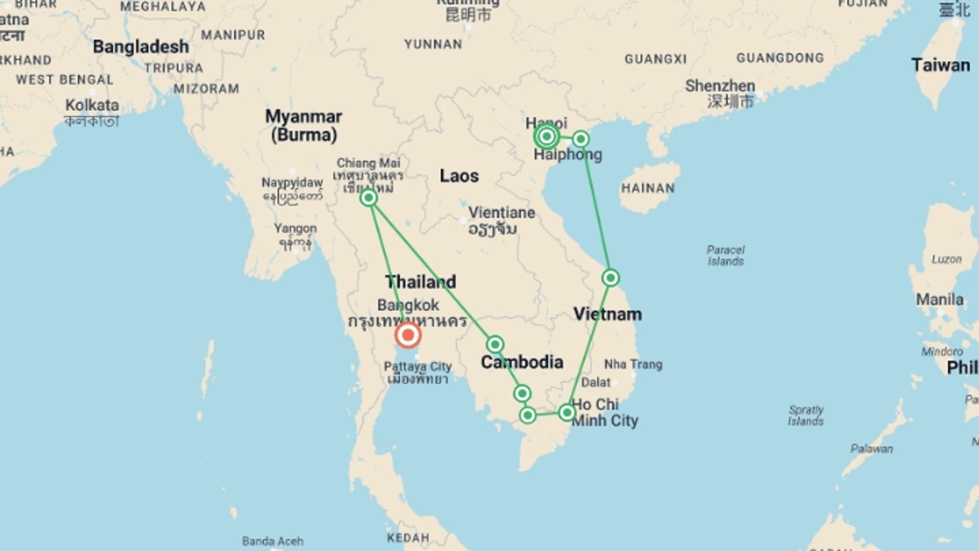 A map showing the tour itinerary for the trip: Discover Vietnam-Cambodia-Thailand I Top 2025/2026, starting in Hanoi, Vietnam and ending in Bangkok, Thailand going through 8 other destinations.