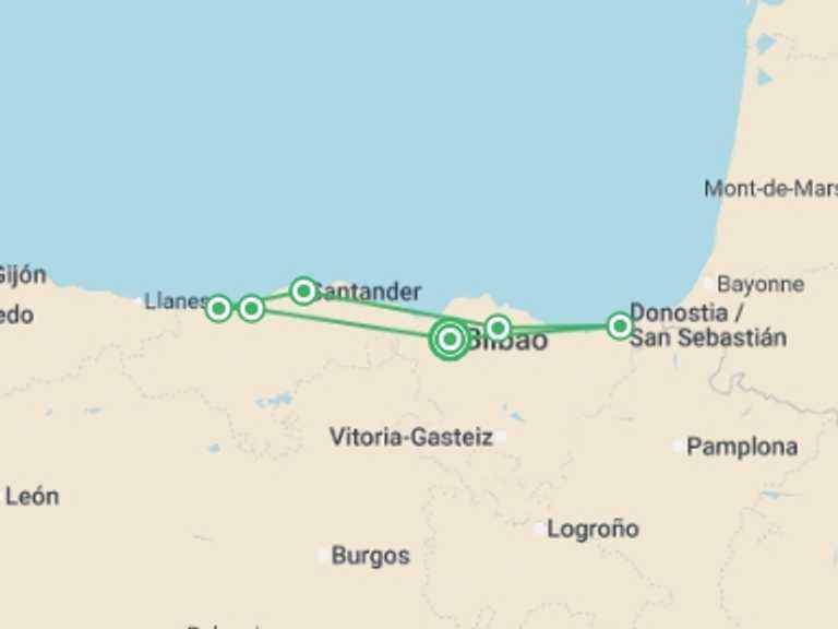 Map of Europe Tour with 2 destination visits for the trip: Bilbao And Santander, Self-drive