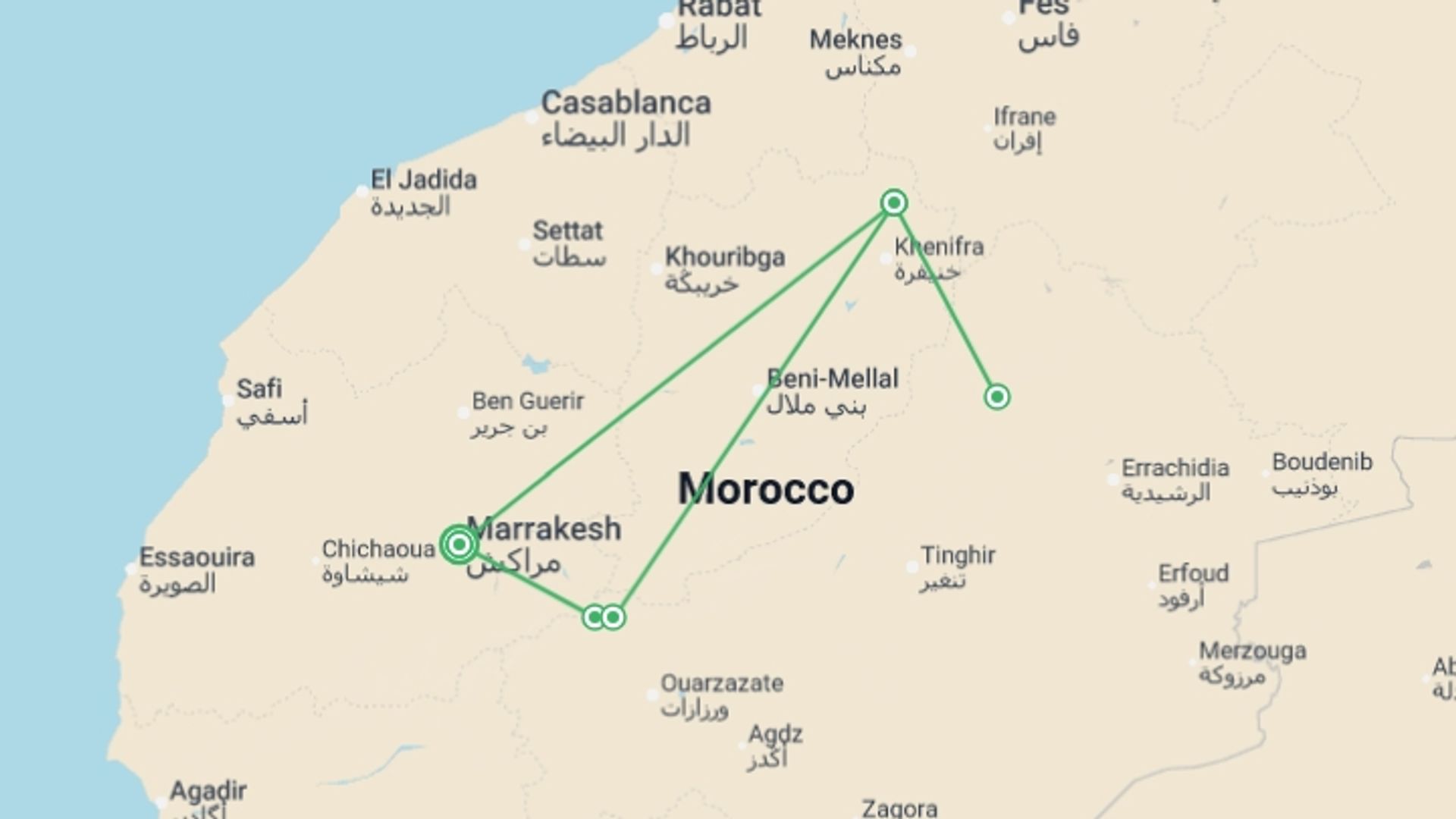 A map showing the tour itinerary for the trip: Hike Morocco's Atlas Mountains, starting in Marrakech, Morocco and ending in Marrakech, Morocco going through 1 other destinations.