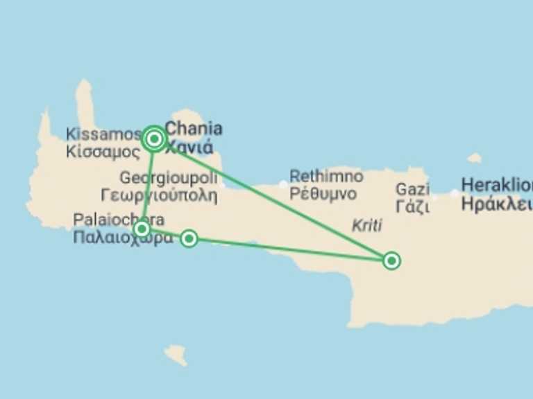 Map itinerary of Europe Tour in October 2026 with 5 destination visits for the trip: Walking in Crete