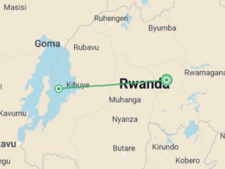 Map itinerary of Kigali Tour in September 2025 with 2 destination visits for the trip: A Perfect Rwanda Wildlife & Scenic Escape