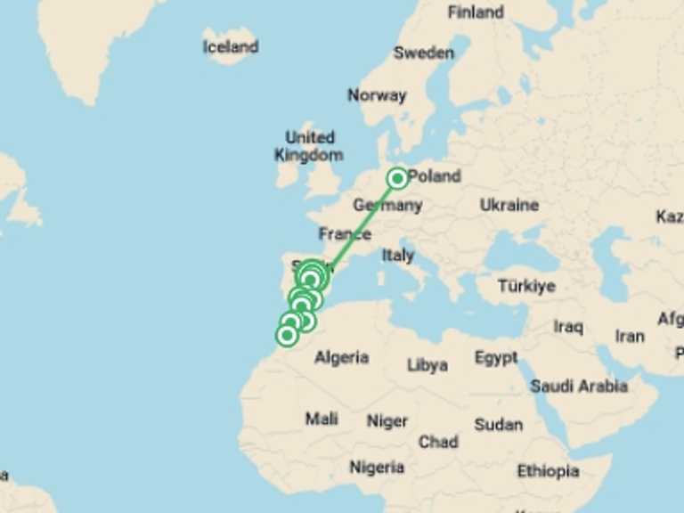 Map of 15-Day Marrakech Tour with 7 destination visits for the trip: Marvels Of Spain And Morocco