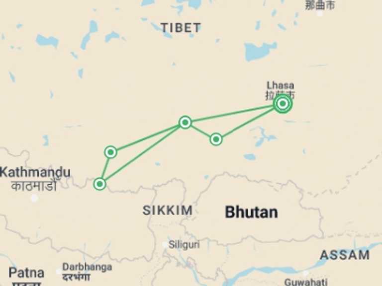 Map of Shigatse Tour with 4 destination visits for the trip: 8 Days Lhasa to Everest Base Camp Tour